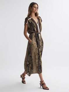 Платье миди Bea со змеиным принтом Reiss, коричневый/мульти