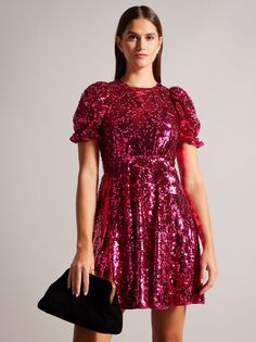 Мини-платье Zayyla с пышными рукавами и пайетками Ted Baker, розовый горячий
