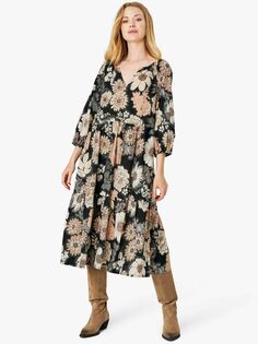 Многоярусное платье миди с цветочным принтом Carolina Noa Noa, черный/бежевый