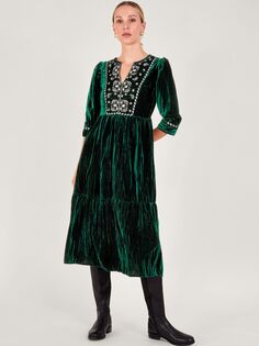 Многоярусное платье миди Penny с вышивкой пейсли Monsoon, зеленый