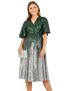 Платье миди с запахом и пайетками омбре Yumi, зеленый/серебристый