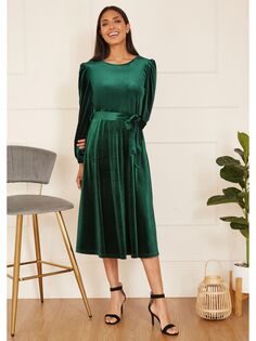 Бархатное приталенное платье миди с длинными рукавами Yumi, зеленый