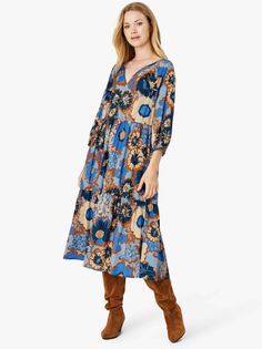 Многоярусное платье миди с цветочным принтом Carolina Noa Noa, синий/коричневый