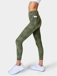 Леггинсы для спортзала Power 7/8 Sweaty Betty, камуфляжный принт green paint