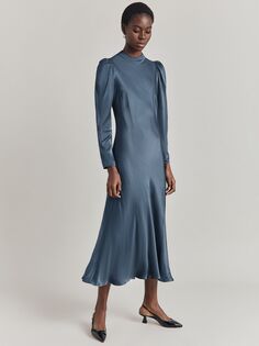 Атласное платье миди с пышными рукавами Harper Ghost, темно-синий