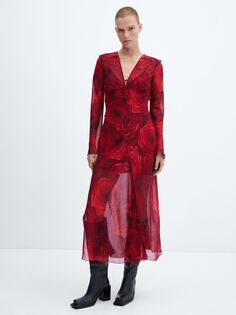 Прозрачное платье миди с рисунком розы Mango, красный