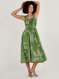 Хлопковое платье миди с пятнистым пальмовым принтом Monsoon, зеленый