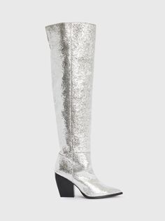 Кожаные длинные сапоги Reina с острым носком AllSaints, серебряный