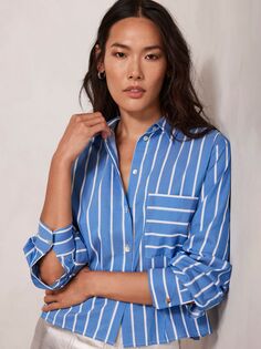 Укороченная рубашка в полоску из смесового хлопка Mint Velvet, средний синий