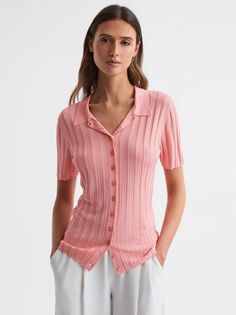 Приталенная рубашка в рубчик с короткими рукавами Stella Reiss, розовый