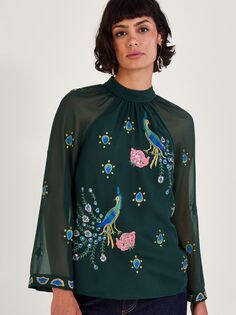 Блуза Perla с вышивкой павлина Monsoon, темно-зеленый/мульти