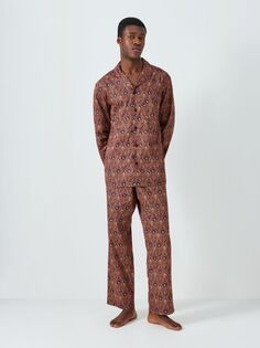 Роскошный пижамный комплект с длинными рукавами и принтом павлина из органического хлопка и сатина John Lewis, красный/мульти