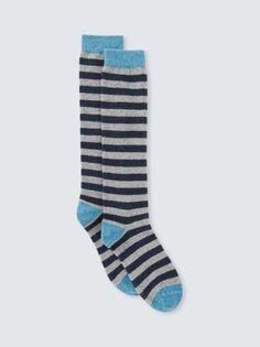 Полосатые носки до колена из смеси шерсти и шелка John Lewis, серый/темно-синий/синий