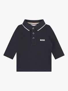 Рубашка-поло с длинными рукавами и логотипом Baby BOSS, темно-синий