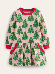 Детское уютное платье-свитшот с принтом Рождественская елка Mini Boden, розовый