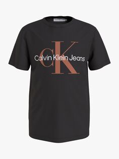 Детская хлопковая футболка с монограммой и логотипом Calvin Klein, ск черный