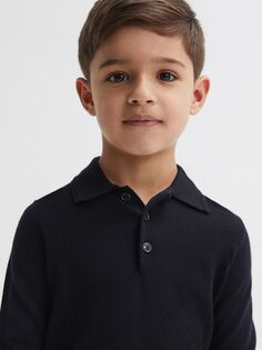Детская рубашка-поло Trafford из мериносовой шерсти Reiss, темно-синий