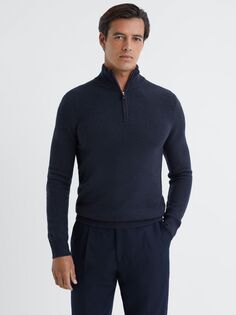 Джемпер с длинными рукавами и молнией до половины длины Tempo из смесовой шерсти Reiss, темно-синий