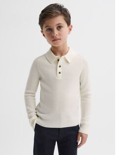 Детская рубашка-поло Holms из мериносовой шерсти в рубчик с длинными рукавами Reiss, экрю