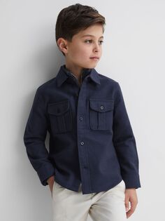 Детская хлопковая рубашка Thomas с двумя карманами с начесом Reiss, затмение синий