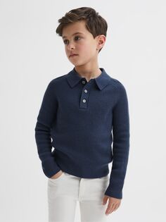 Детская рубашка-поло Holms из мериносовой шерсти в рубчик с длинными рукавами Reiss, бензин синий