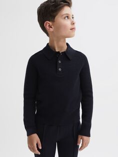 Детская рубашка-поло Holms из мериносовой шерсти в рубчик с длинными рукавами Reiss, темно-синий