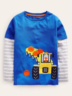 Детская футболка с тыквой и тыквой на рукавах Хэллоуин с аппликацией Mini Boden, делфт блю