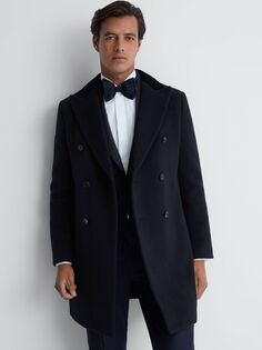 Шерстяное пальто вафельного цвета с длинными рукавами Reiss, темно-синий