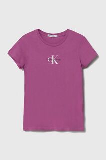 Детская хлопковая футболка Calvin Klein Jeans, фиолетовый