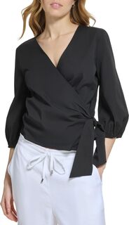 Блузка из поплина с длинными рукавами и V-образным вырезом DKNY, черный