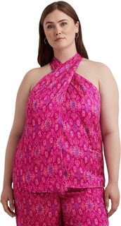 Блузка с бретелькой на шее из шантунга больших размеров с геопринтом LAUREN Ralph Lauren, цвет Fuchsia Multi