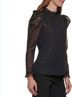 Блуза с длинными рукавами и рюшами на воротнике DKNY, черный