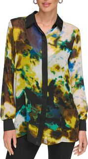 Блузка в рубчик с длинными рукавами и манжетами DKNY, цвет Citrine/Black Multi
