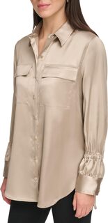 Блуза на пуговицах с длинными рукавами и двумя карманами спереди DKNY, цвет Pebble