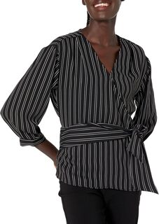Женский топ в полоску с запахом и рукавами 3/4 и поясом Calvin Klein, цвет Soft White/Black Multi