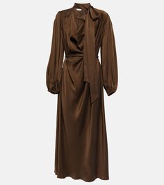 Платье миди из шелкового атласа с завязками на воротнике Zimmermann, коричневый