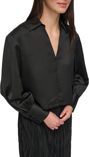 Атласная блузка с длинными рукавами и V-образным вырезом DKNY, черный