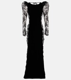 Бархатное платье макси с кружевной отделкой Alessandra Rich, черный