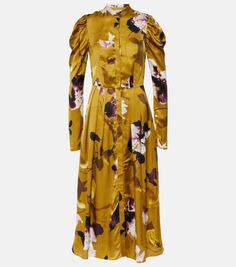 Атласное платье миди с цветочным принтом Erdem, золото
