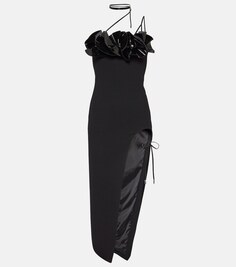 Платье миди из шерстяного крепа с цветочной аппликацией David Koma, черный