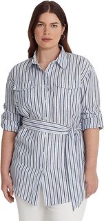 Полосатая льняная рубашка больших размеров с поясом LAUREN Ralph Lauren, цвет Blue/White Multi