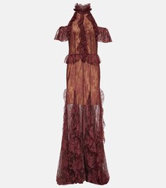 Кружевное платье макси morgana с оборками Costarellos, коричневый