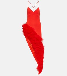 Платье макси из крепа из натуральной шерсти с оборками David Koma, красный