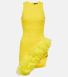Мини-платье из крепа из натуральной шерсти с оборками David Koma, желтый