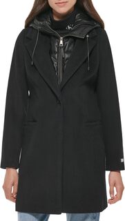 Шерстяное пальто с нагрудником из искусственной кожи DKNY, черный