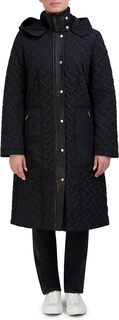 Длинное пальто Signature Quilt с капюшоном и поясом Cole Haan, черный