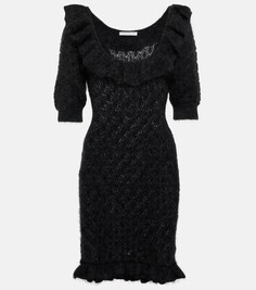 Мини-платье с вышивкой из смесового мохера Alessandra Rich, черный