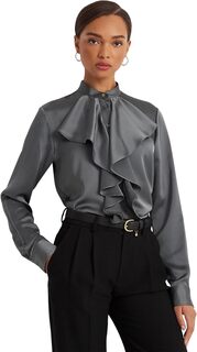 Атласная рубашка из шармеза с оборками LAUREN Ralph Lauren, цвет Modern Slate