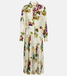 Атласное платье-рубашка со складками с цветочным принтом Tory Burch, мультиколор