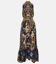 Шелковое платье макси с воротником халтернэ и принтом Camilla, мультиколор
